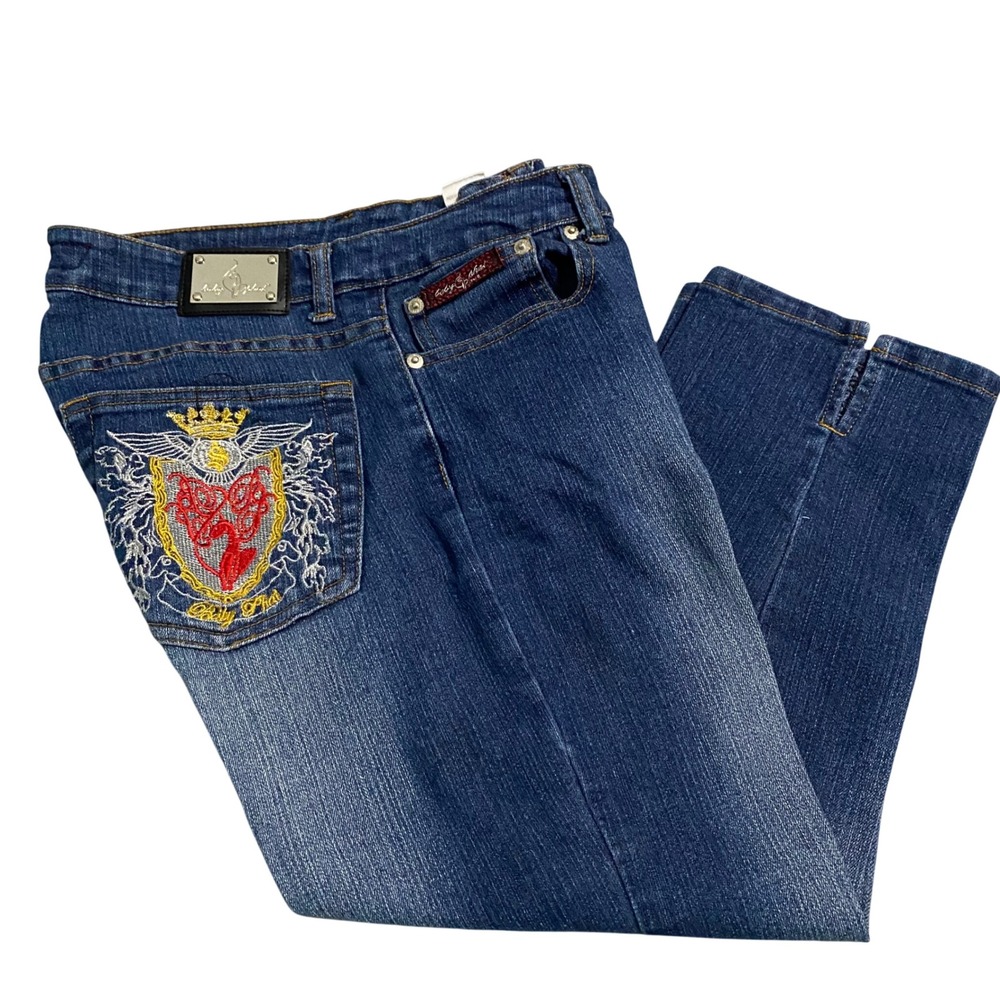 Baby Phat Womens Embroidered Crest Cropped Jeans Med Wash Blue Denim Capris 30